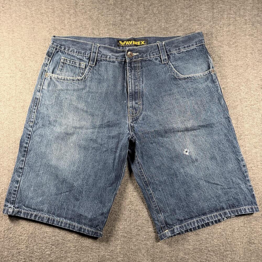 VTG Avirex Denim Shorts Mens 42 Blue Relaxed Baggy Distressed Logo Jorts READ!!!